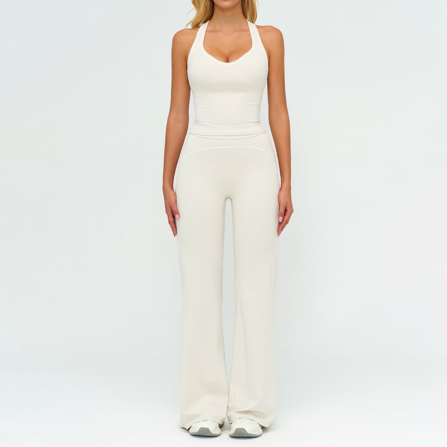 Set Yoga de Damă cu Topuri Fără Mâneci cu Decolteu în V și Pantaloni Drepți, Subțiri, Îmbrăcăminte Sport de Vară pentru Sală