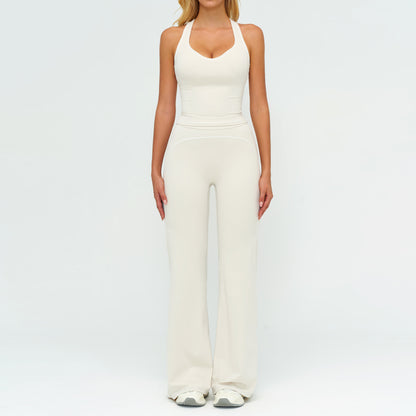 Set Yoga de Damă cu Topuri Fără Mâneci cu Decolteu în V și Pantaloni Drepți, Subțiri, Îmbrăcăminte Sport de Vară pentru Sală