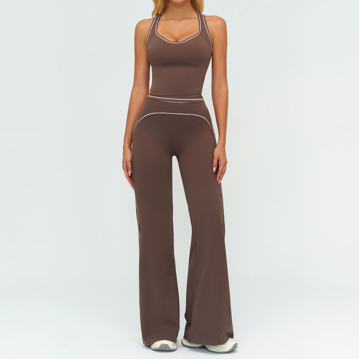 Set Yoga de Damă cu Topuri Fără Mâneci cu Decolteu în V și Pantaloni Drepți, Subțiri, Îmbrăcăminte Sport de Vară pentru Sală