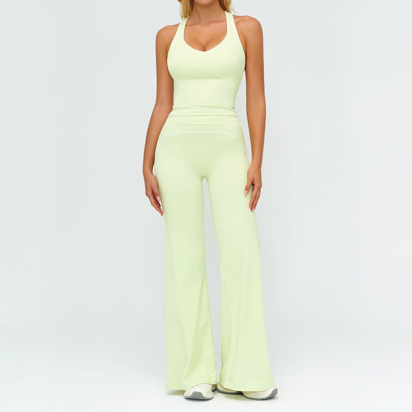 Set Yoga de Damă cu Topuri Fără Mâneci cu Decolteu în V și Pantaloni Drepți, Subțiri, Îmbrăcăminte Sport de Vară pentru Sală