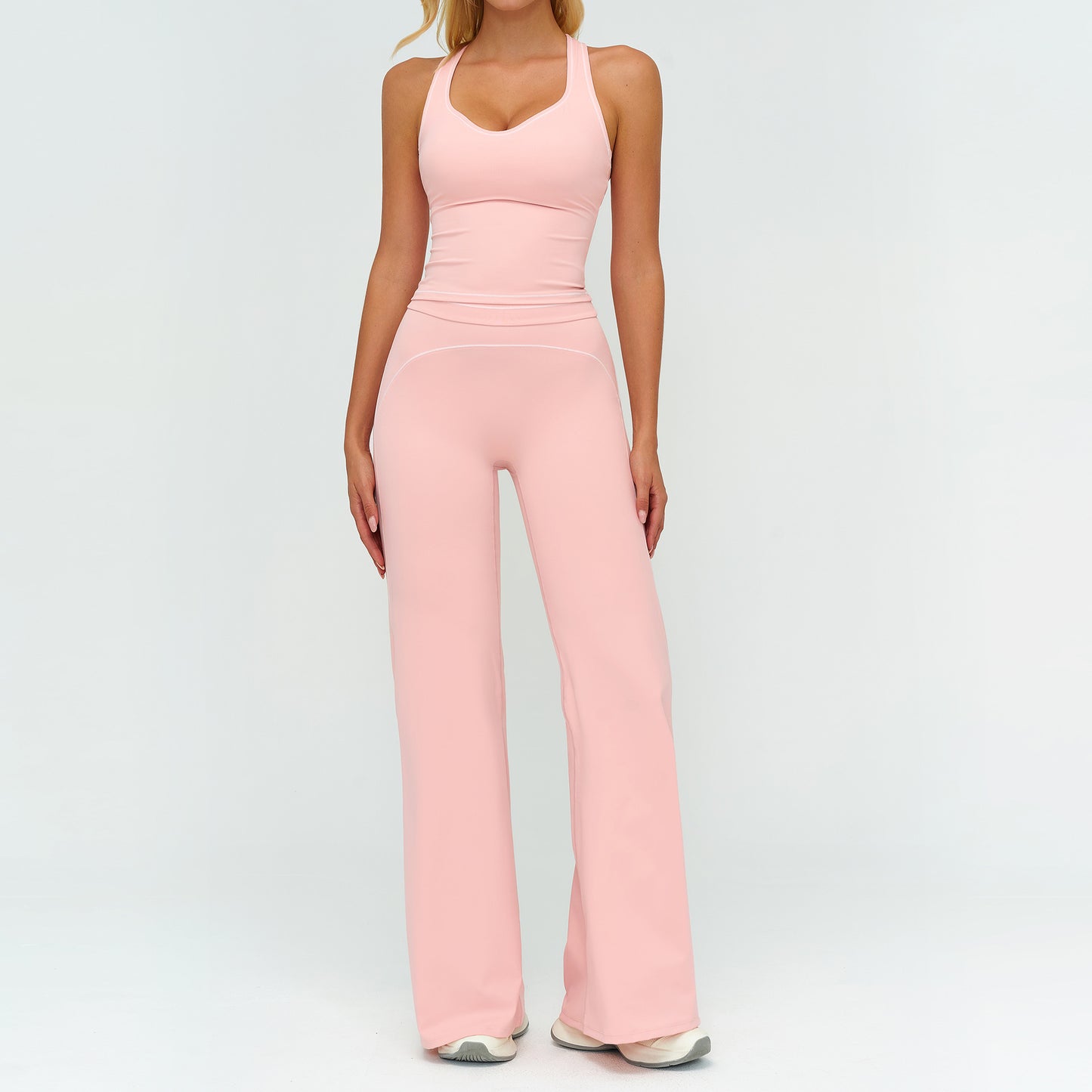 Set Yoga de Damă cu Topuri Fără Mâneci cu Decolteu în V și Pantaloni Drepți, Subțiri, Îmbrăcăminte Sport de Vară pentru Sală